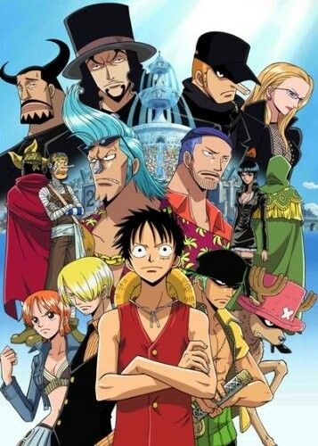 One Piece, featuring Luffy and the gang, now with Franky in the picture, and the enemies looming over top.
